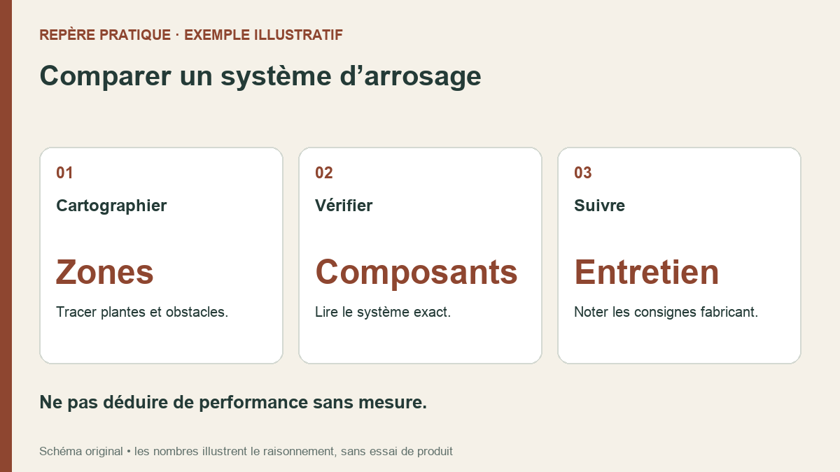 Schéma de comparaison d’arrosage : cartographier les zones, vérifier les composants et relever les consignes d’entretien.